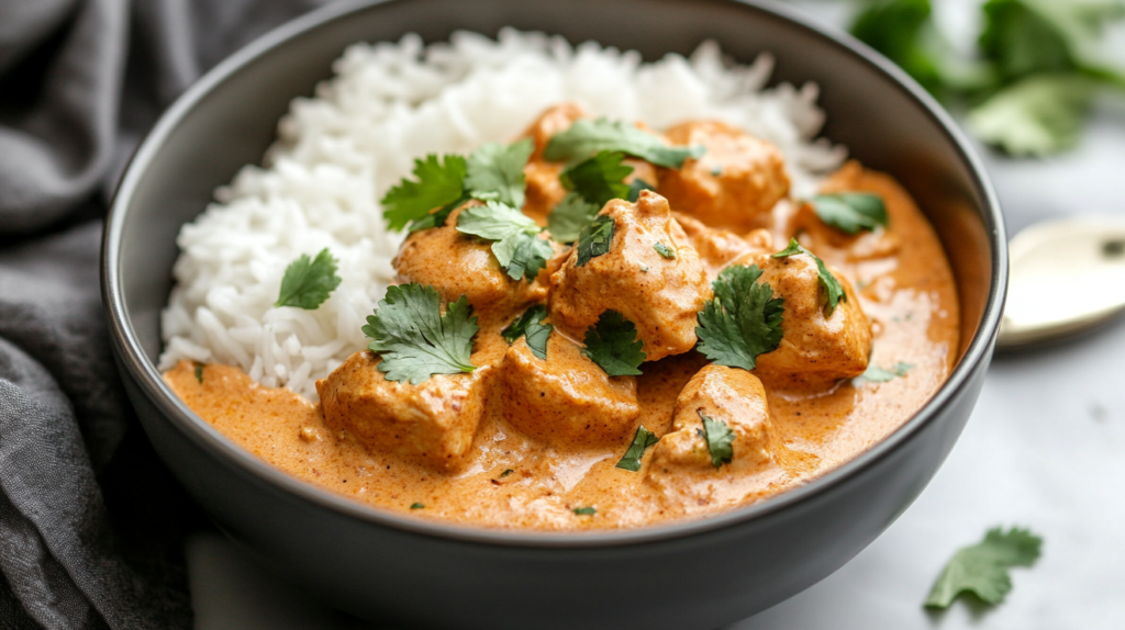 Coconut curry chicken in a creamy, golden sauce with rice.