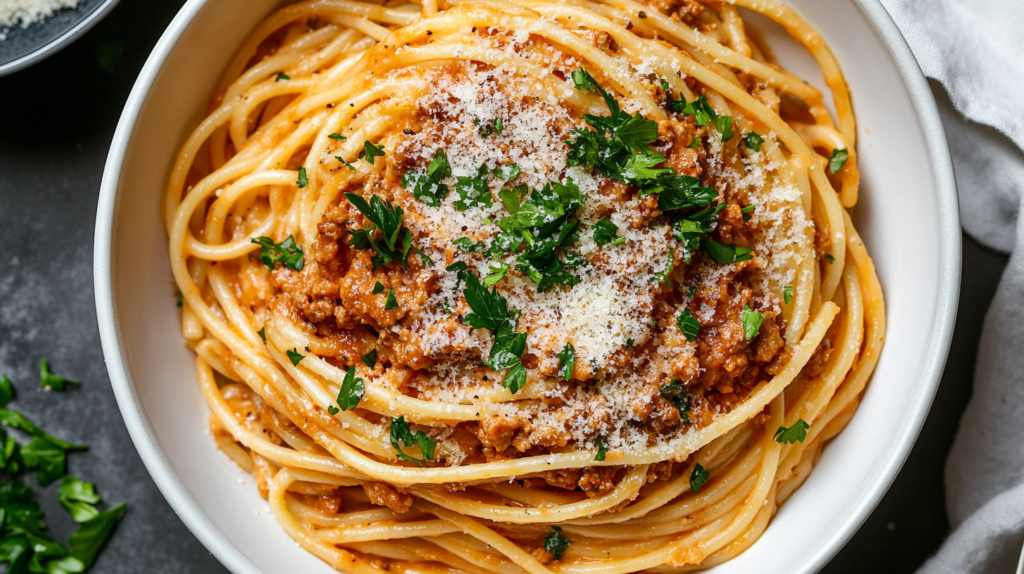 Creamy garlic Parmesan pasta with ground chicken, topped with parsley.