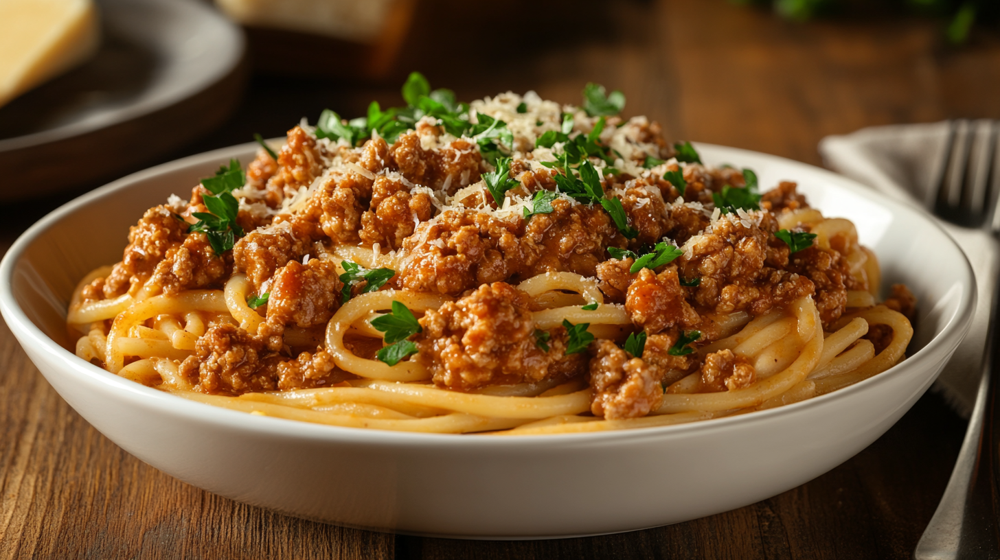 One of the best ground chicken and pasta recipes Creamy garnished with parsley and Parmesan.