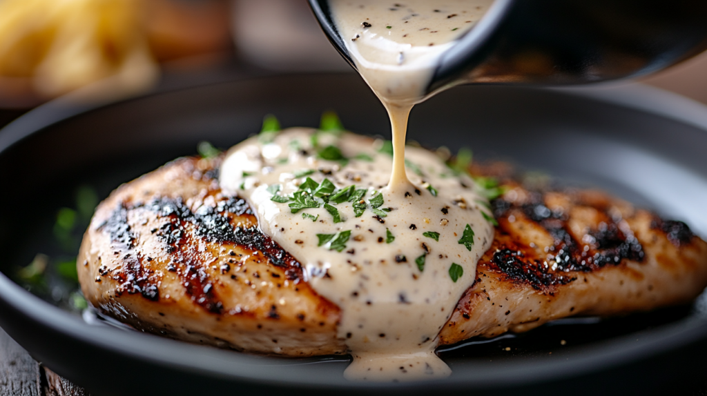 Thick and creamy parmesan sauce being poured over a grilled chicken breast, with flecks of garlic and parmesan visible.