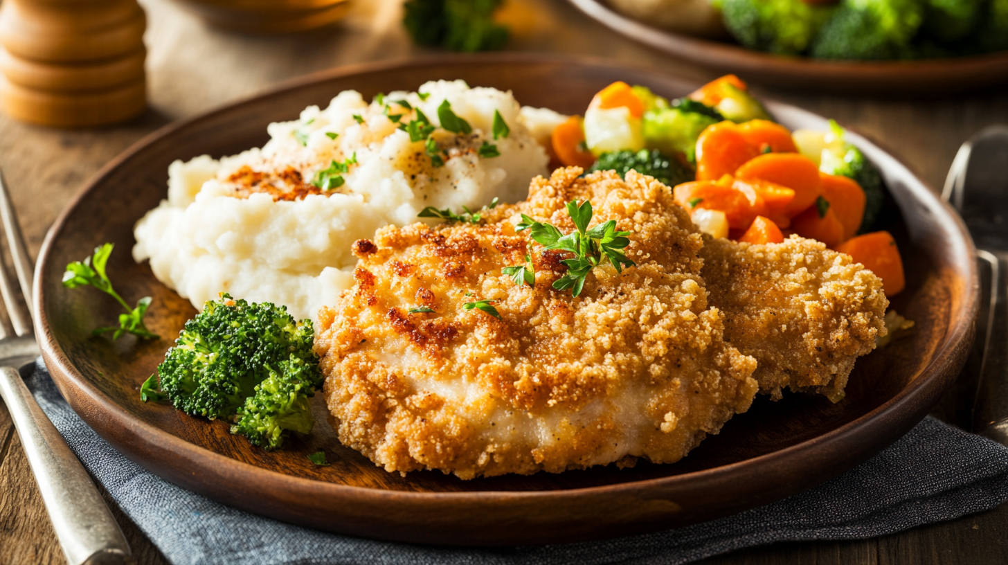 Crispy golden-brown chicken chop recipe served with mashed potatoes and steamed vegetables.