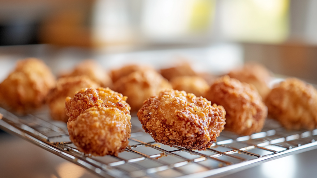 Freshly fried chicken pieces for chicken minis recipe cooling on a rack.