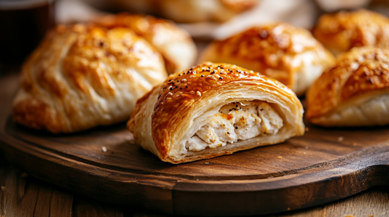 Homemade chicken pastry recipe with crispy golden layers and juicy chicken filling