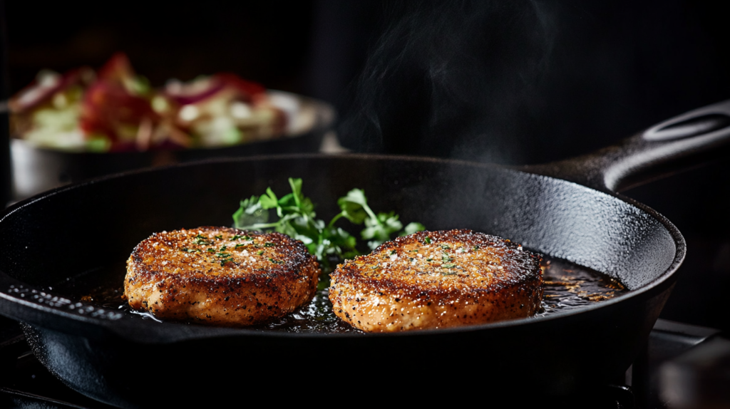 Chicken chop frying in a pan, developing a golden-brown crust.