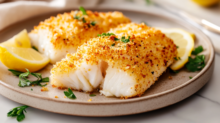 crispy cod fillet coated with panko breadcrumbs on a plate