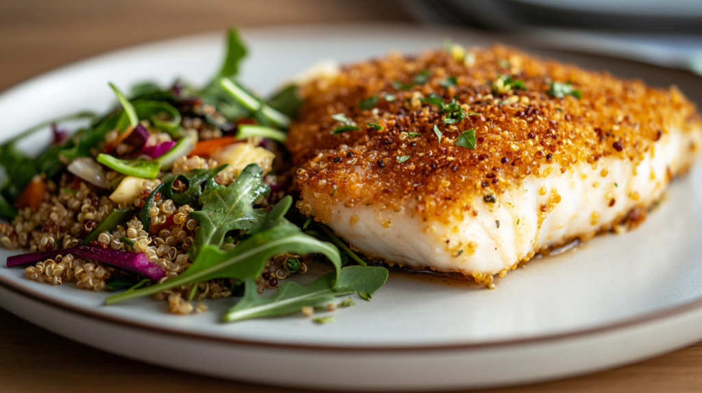 one of the pefect cod fish panko recipes a dish with quinoa and salad