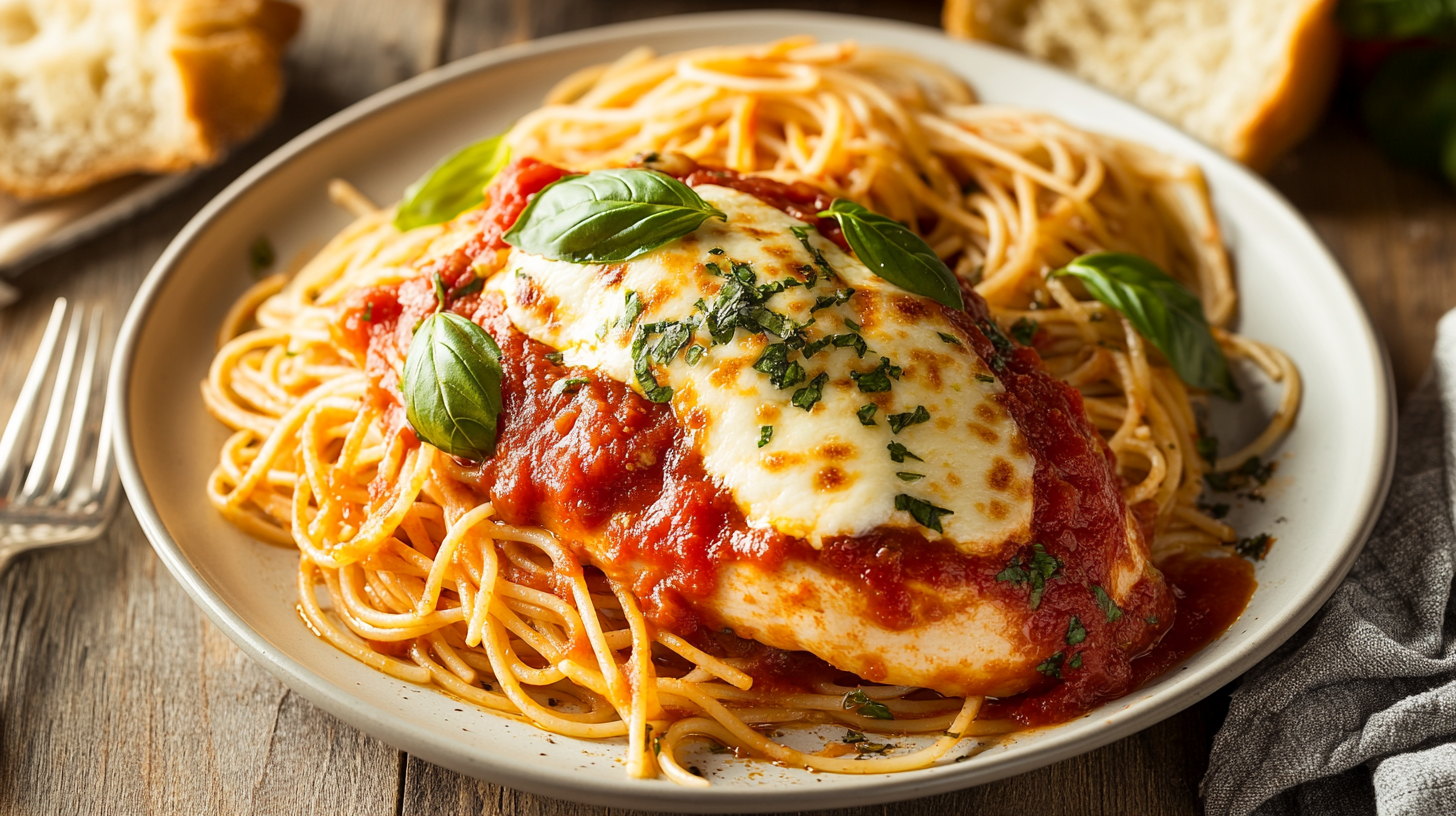 Chicken recipes with marinara – a juicy chicken breast smothered in marinara sauce, melted cheese, and fresh basil, served with spaghetti.
