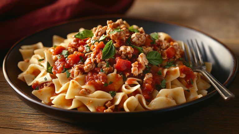 A plate of ground chicken pasta recipes with marinara sauce, topped with fresh basil.