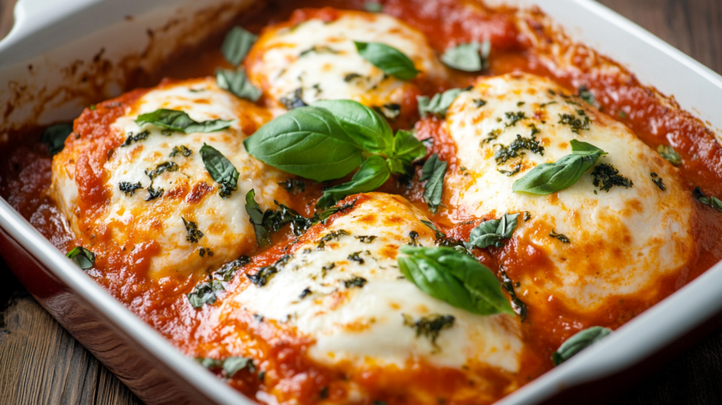 Baked chicken marinara with gooey melted mozzarella and fresh basil in a casserole dish.