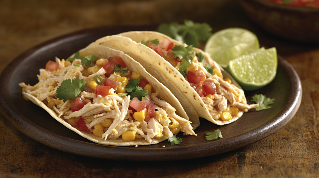 Soft corn tortillas filled with shredded chicken, scrambled eggs, cheese, and fresh cilantro.