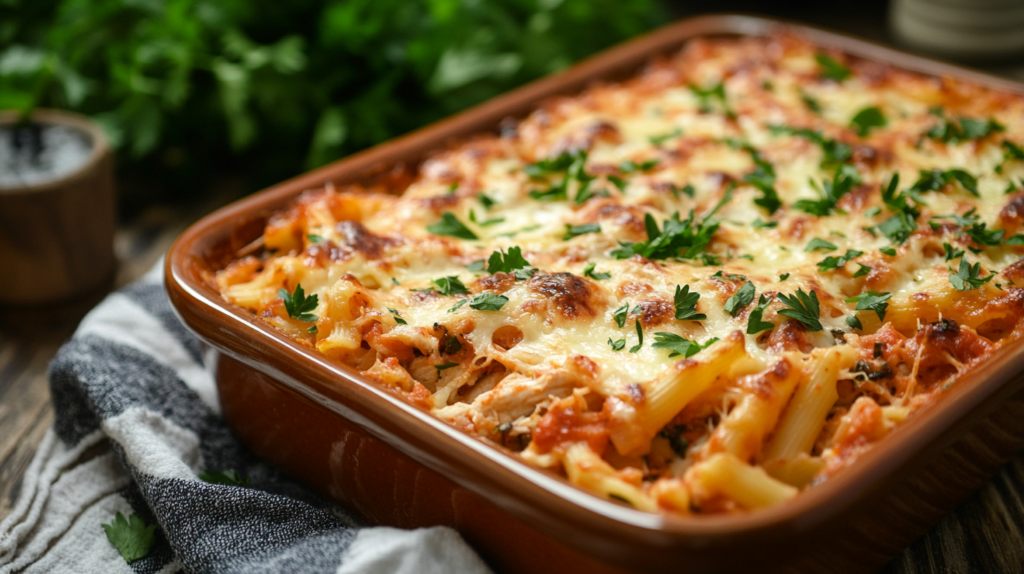 Chicken marinara pasta bake with gooey mozzarella, marinara sauce, and fresh parsley in a baking dish.
