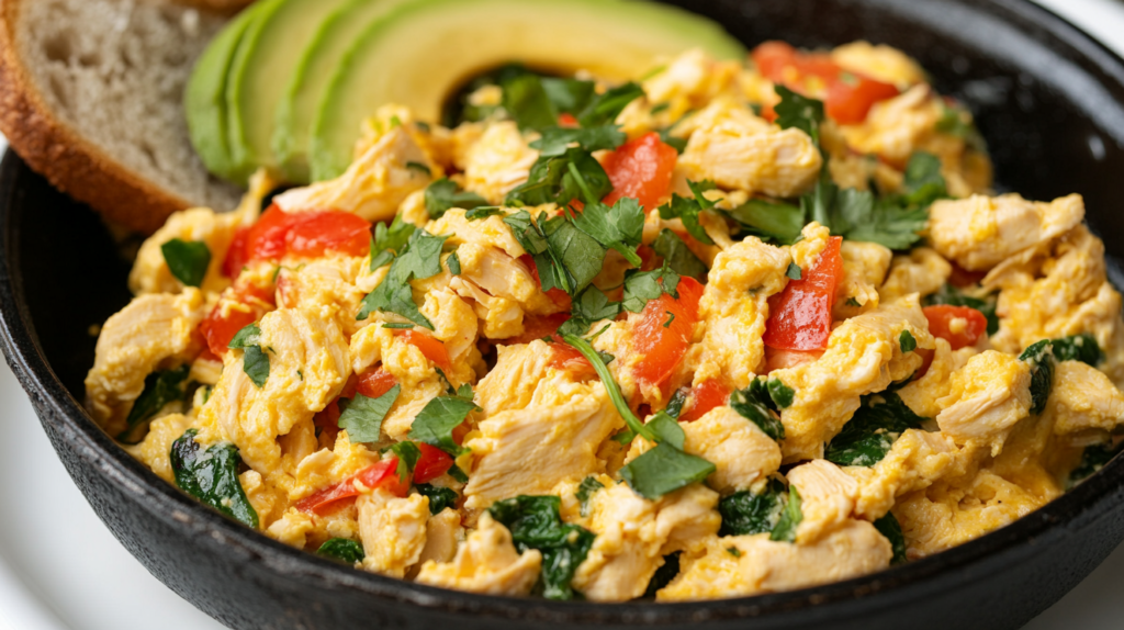 A skillet filled with scrambled eggs, shredded chicken, and veggies, served with avocado and toast.