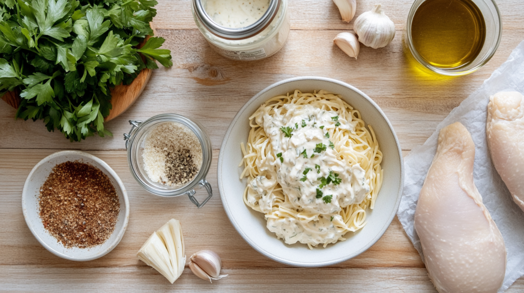 Ingredients for making Bertolli chicken Alfredo pasta at home