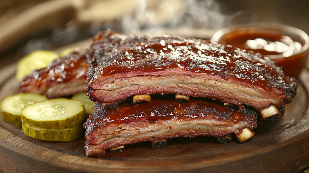 Fall-off-the-bone smoked beef recipes ribs with BBQ sauce and pickles.