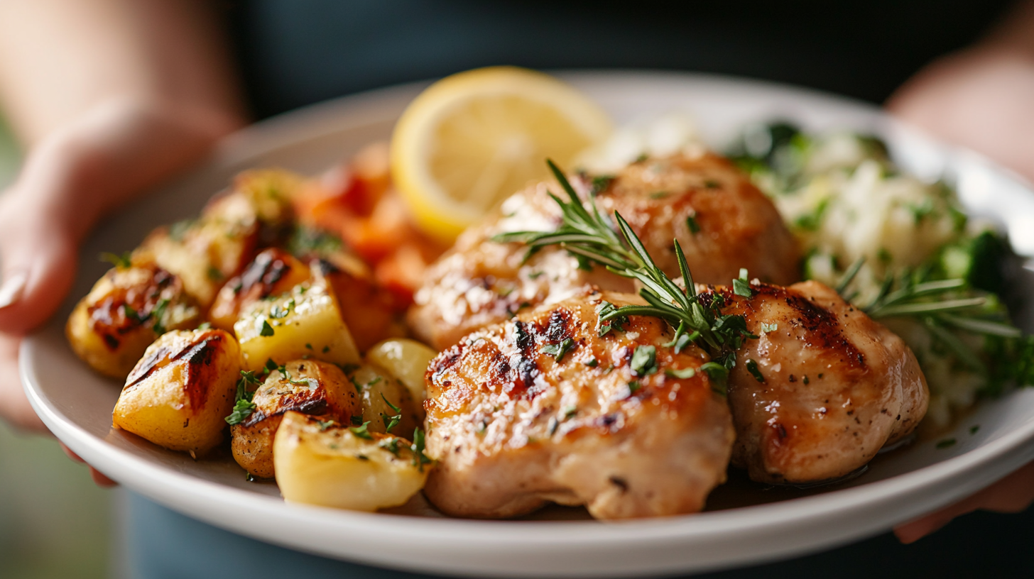 A variety of low salt chicken recipes served on a plate with fresh herbs and lemon wedges.
