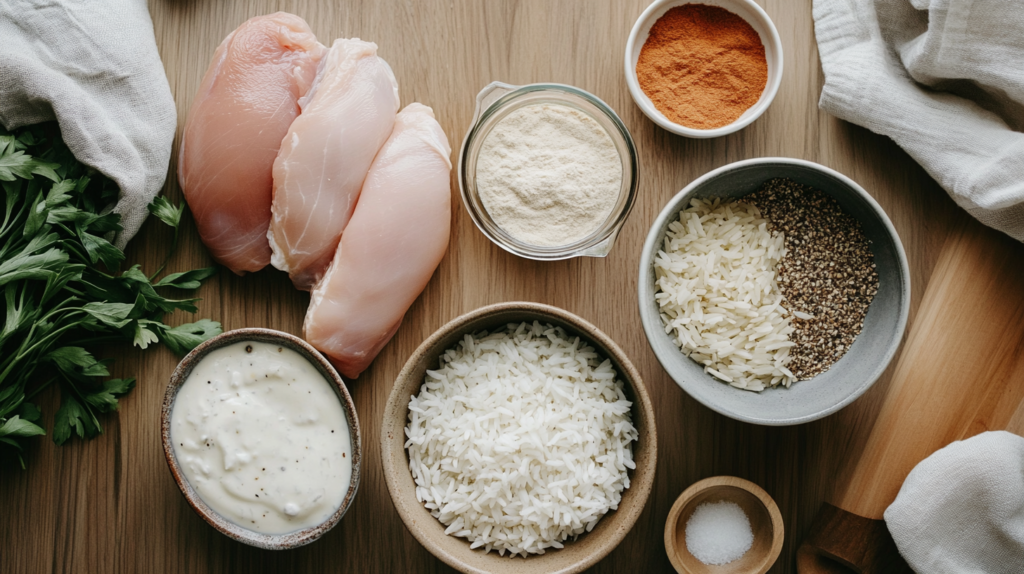 Raw ingredients for a forgotten chicken recipe, including chicken, rice, and seasonings.