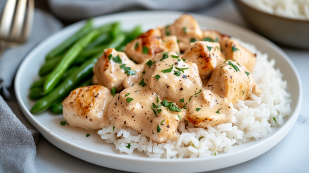A plated serving of forgotten chicken recipe with creamy rice and garnished chicken.