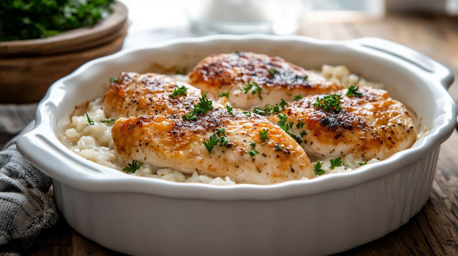 Homemade forgotten chicken recipe with tender chicken and creamy rice in a white baking