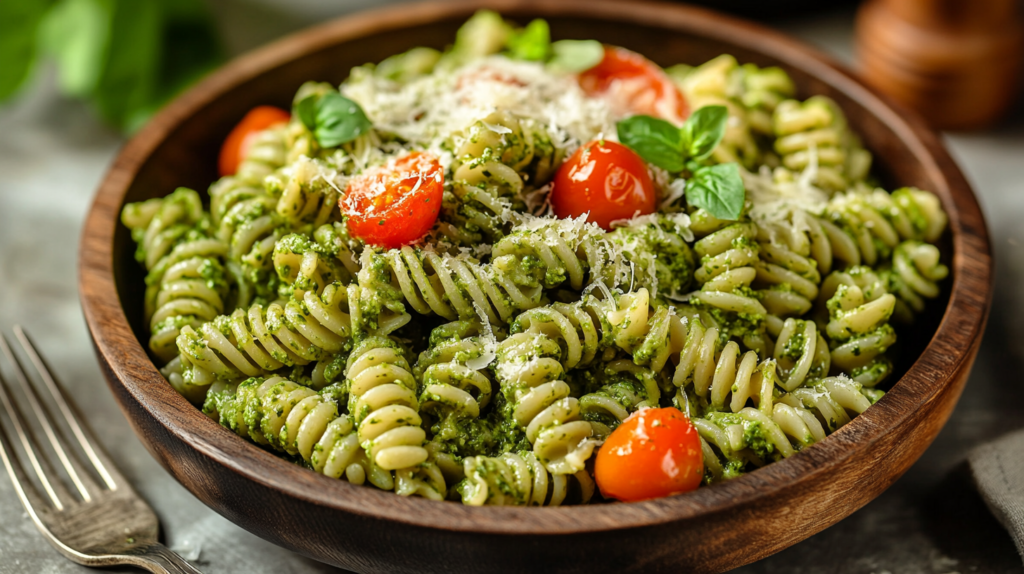 Ground chicken pesto pasta with cherry tomatoes and Parmesan cheese.
