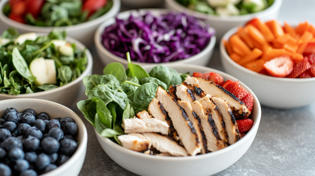 Ingredients for Chick Fil A Market Salad recipe laid out in bowls