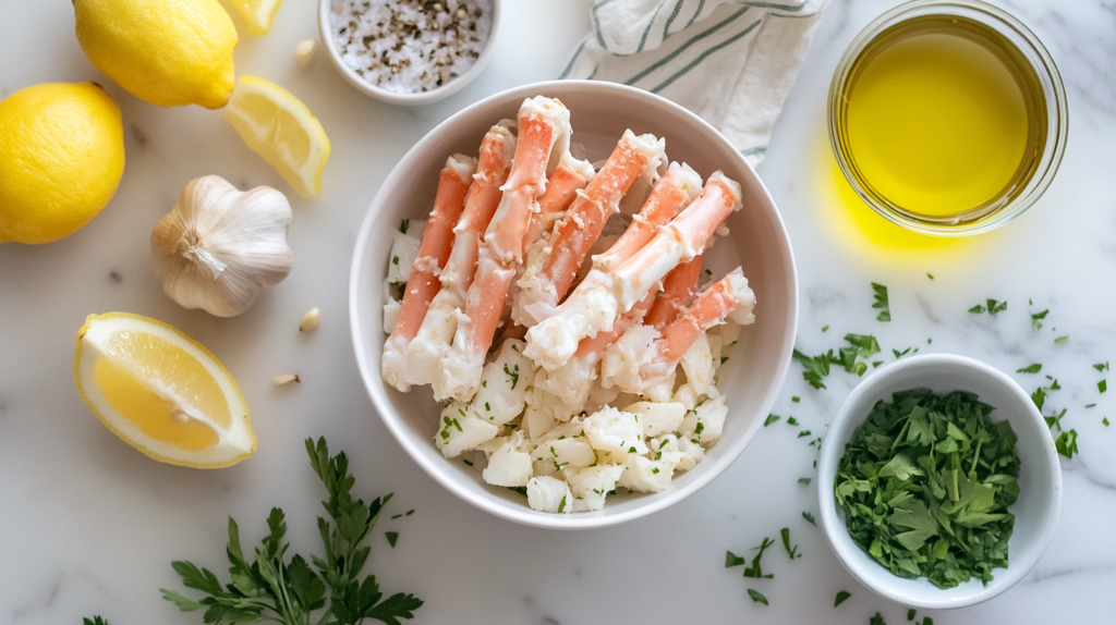 Ingredients for snow crab meat recipe on marble surface