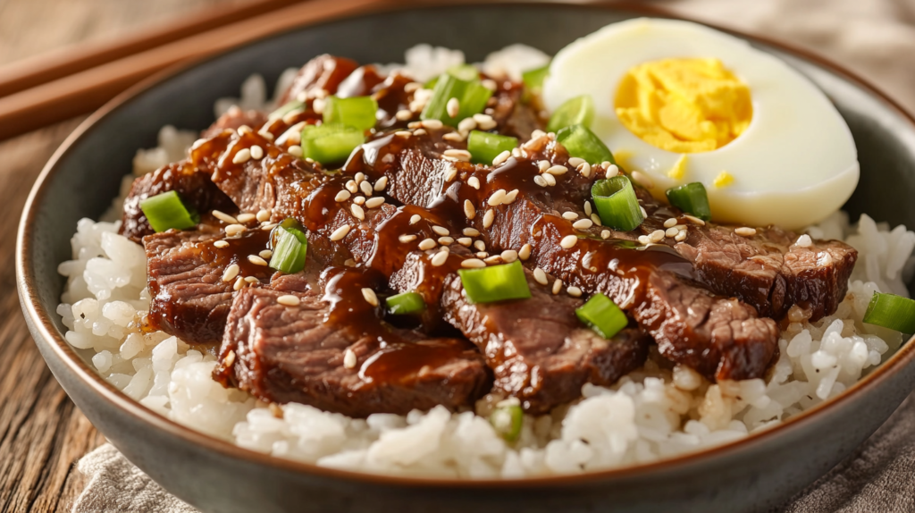 Garlic butter beef tenderloin rice bowl with sesame seeds, green onions, and a soft-boiled egg.