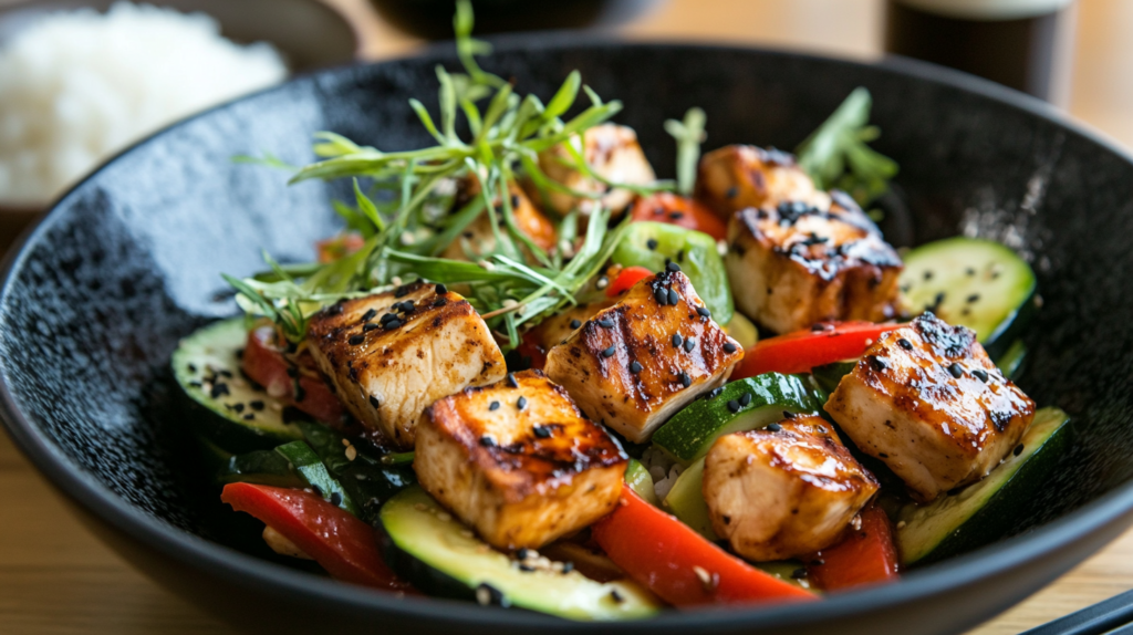 Low FODMAP chicken stir-fry with red bell peppers and zucchini.