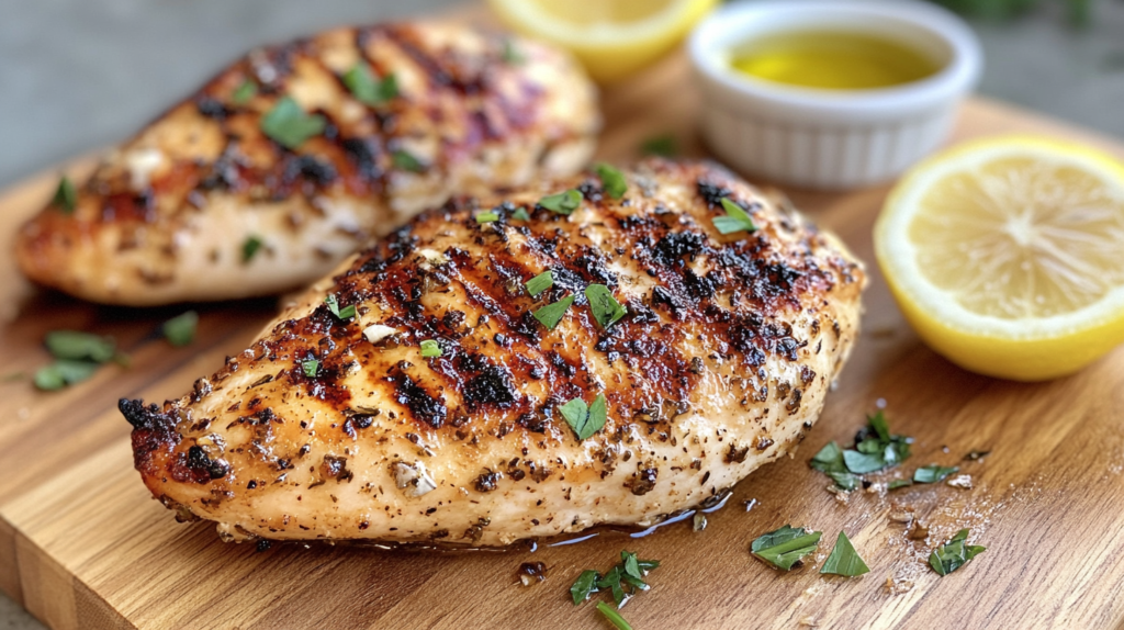 Garlic herb grilled chicken breast with char marks and fresh herbs.