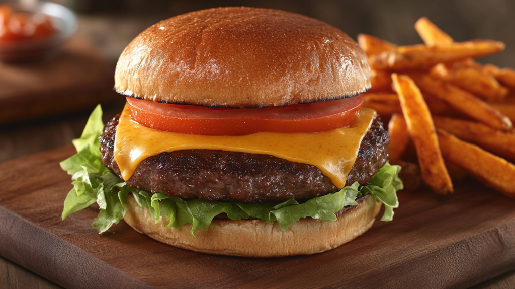  Juicy Wagyu ground beef burger with cheddar cheese and brioche bun.
