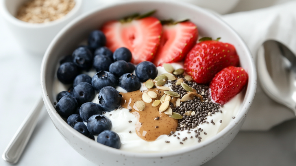 Greek yogurt and berry power bowl high in protein without eggs