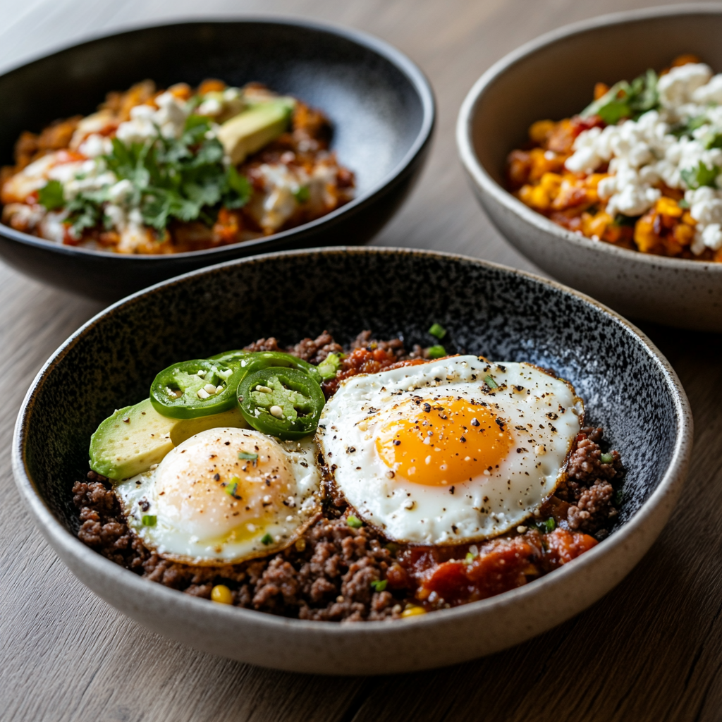 Three flavor variations of ground beef and eggs breakfast