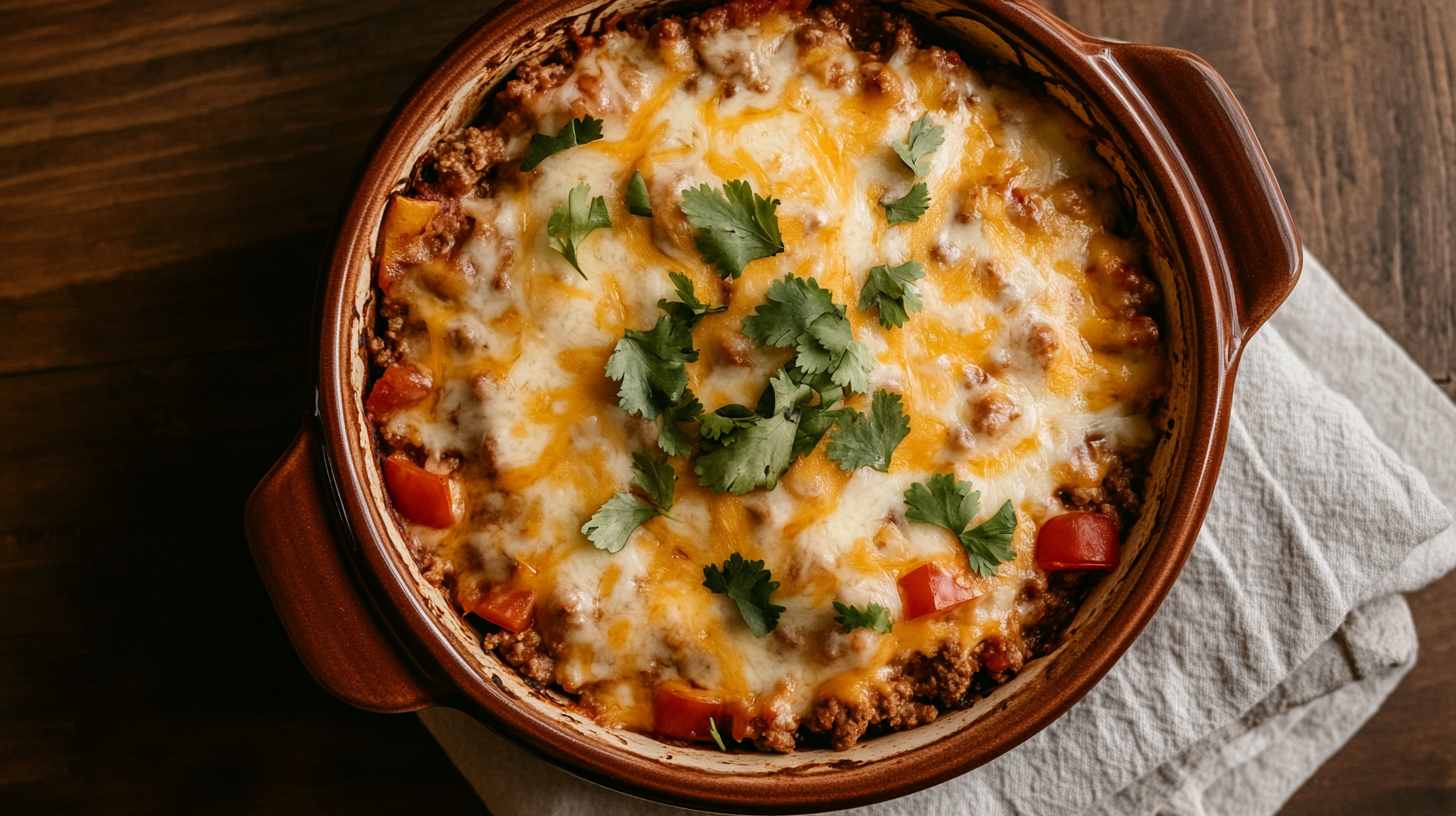 Ground turkey taco casserole baked with cheese and fresh toppings