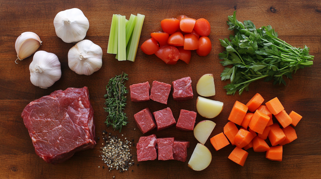 Fresh ingredients for Hawaiian Beef Stew, including beef, tomatoes, and vegetables.