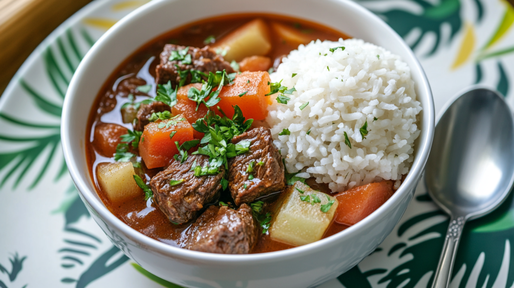 Hawaiian Beef Stew served with white rice and fresh parsley garnish.