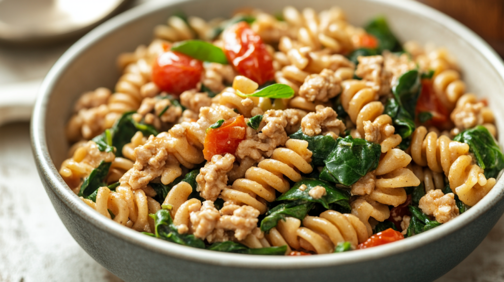 Healthy ground chicken and spinach pasta with whole wheat noodles.