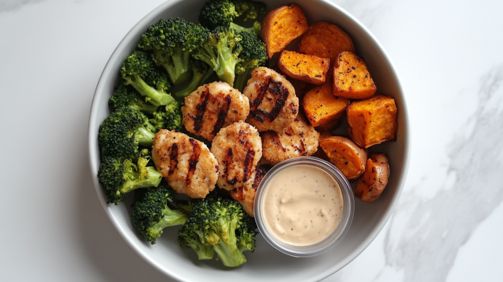 Healthy meal prep with grilled nuggets, sweet potatoes, and broccoli
