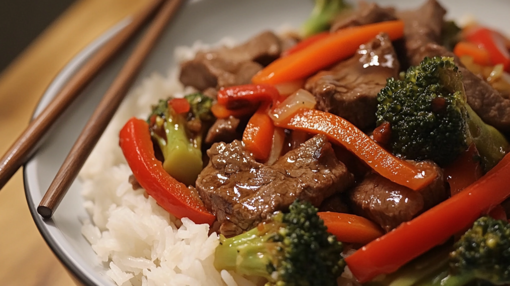 Hearty beef tenderloin stir-fry with vegetables in a savory sauce, served over jasmine rice.