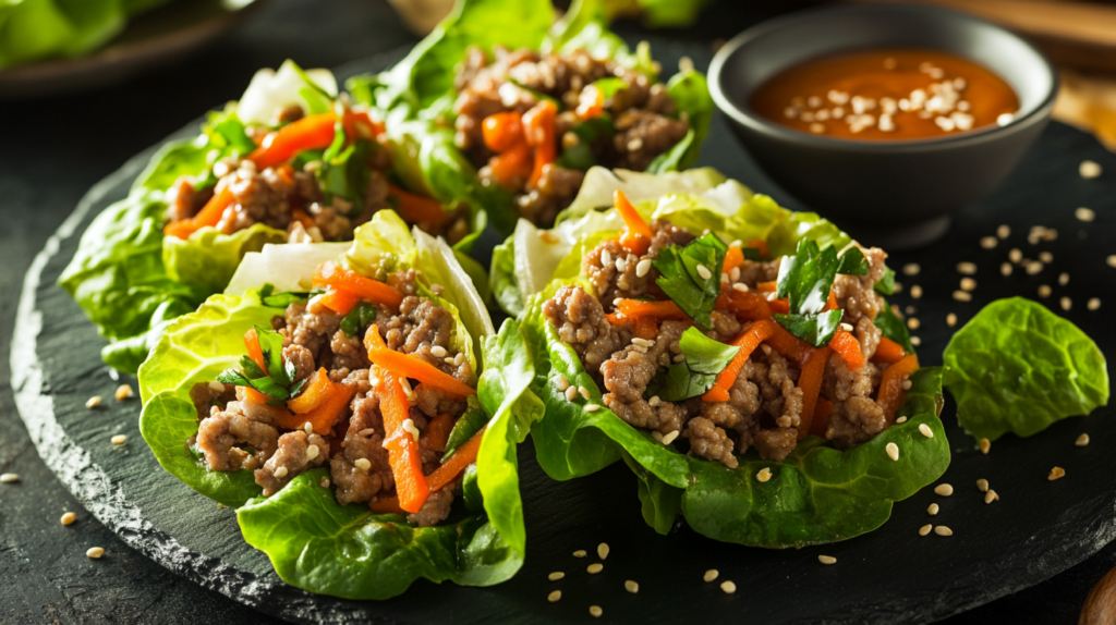 High protein ground beef lettuce wraps with sesame seeds.