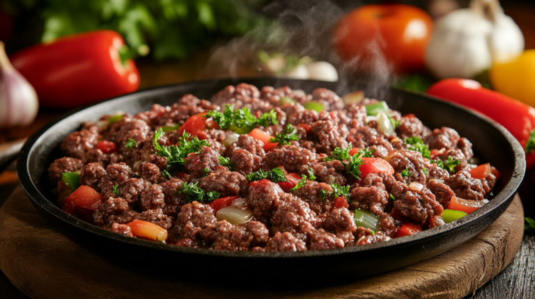 Juicy high protein ground beef in a skillet with fresh herbs.