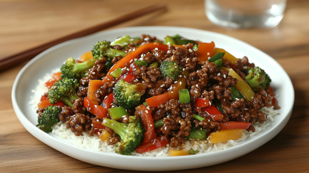 High protein ground beef stir-fry with vegetables.
