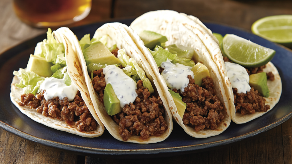 High protein ground beef tacos with avocado and lettuce.