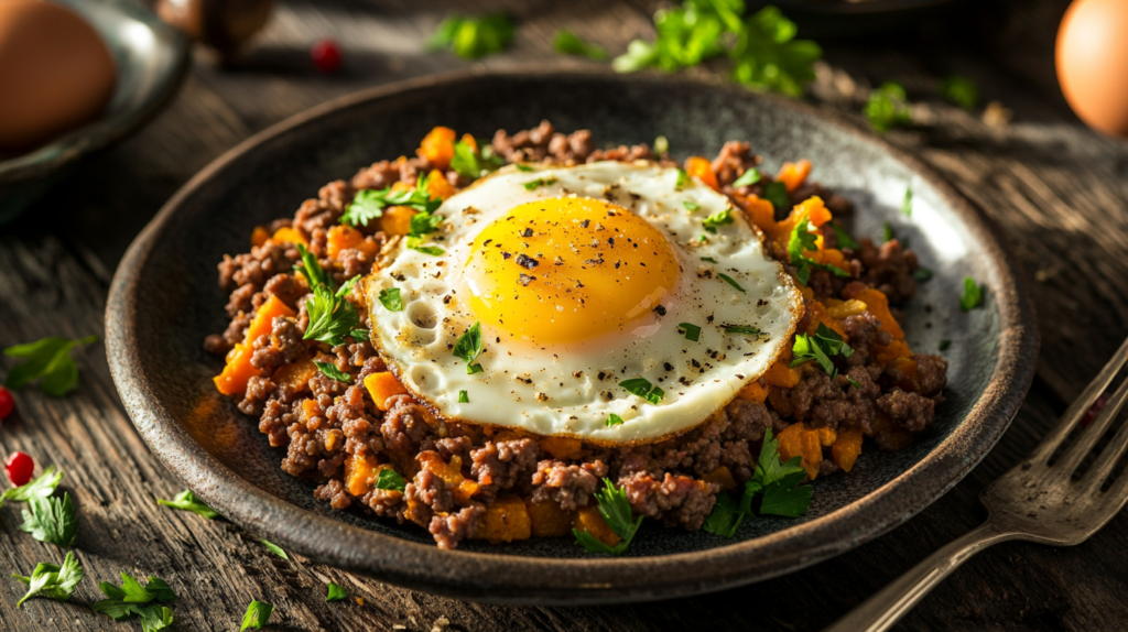 High protein ground beef and sweet potato hash with eggs.