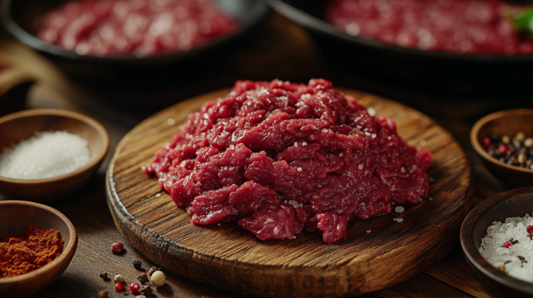 Freshly ground Wagyu beef with visible marbling on a wooden board.