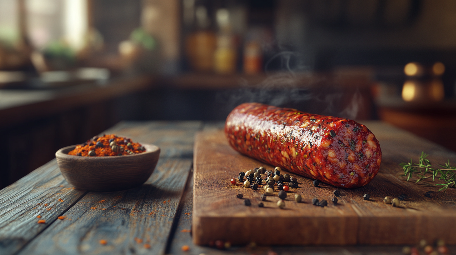 Homemade beef sausage meat recipe on a wooden cutting board with seasonings.