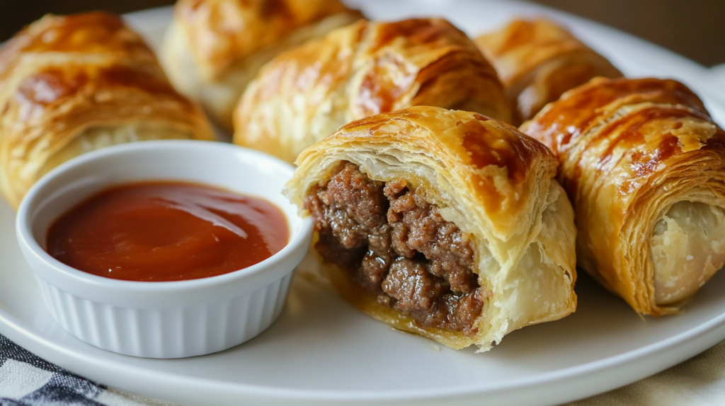 Freshly baked beef sausage rolls with flaky pastry and a juicy filling.