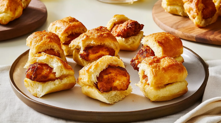 Homemade chicken minis recipe served on a rustic plate with honey-glazed rolls and crispy chicken.