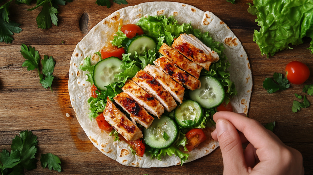 Assembling a grilled chicken wrap with fresh ingredients on a tortilla.