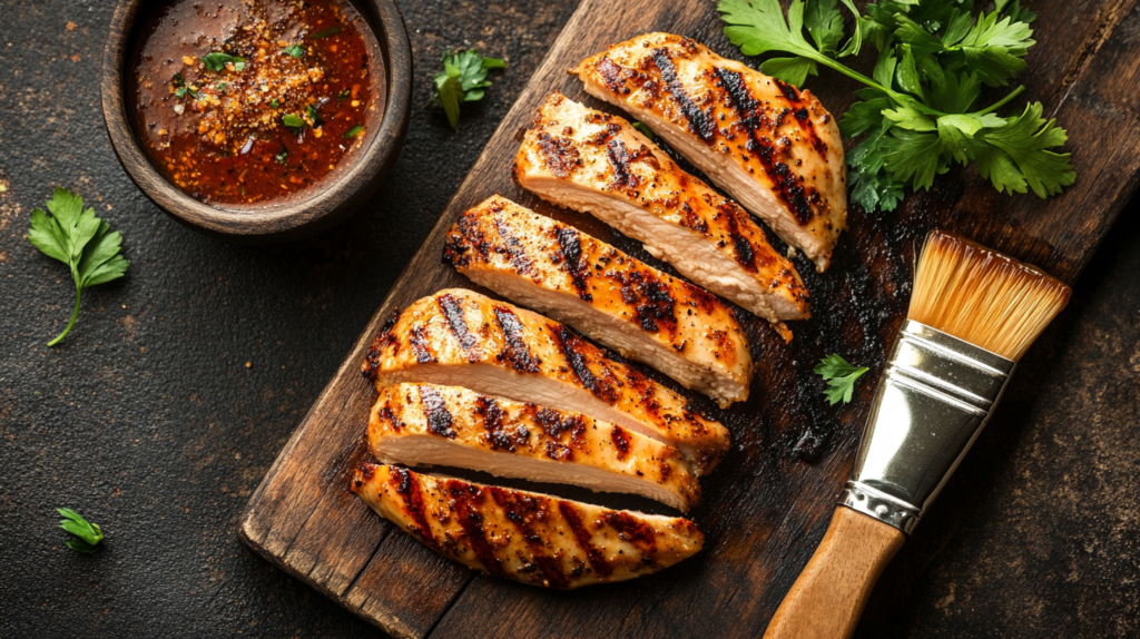 Juicy grilled chicken breast sliced on a cutting board with seasoning.