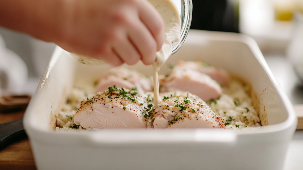 Preparing a forgotten chicken recipe by layering rice, soup, and chicken in a baking dish.