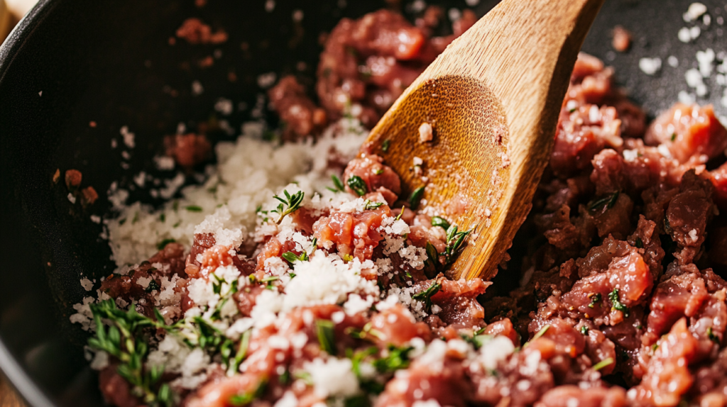 Mixing homemade beef sausage meat recipe with seasonings in a bowl.